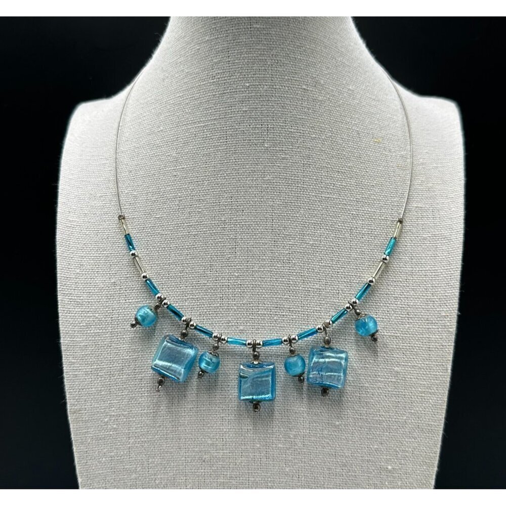 Blue Glass Beaded Wire Necklace Square Drop Dangle Lightweight Geometric